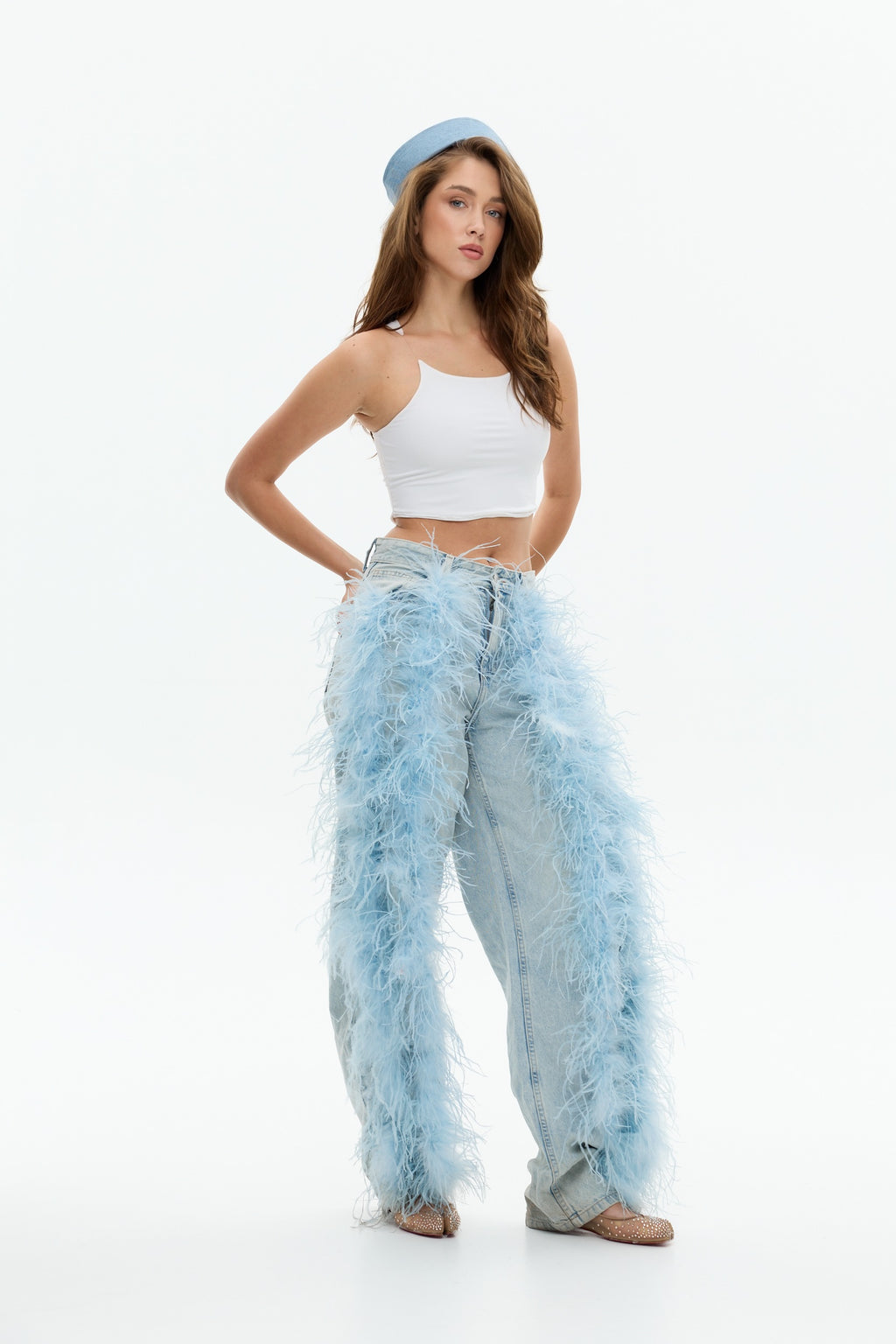 Feather-Trim Denim Jeans