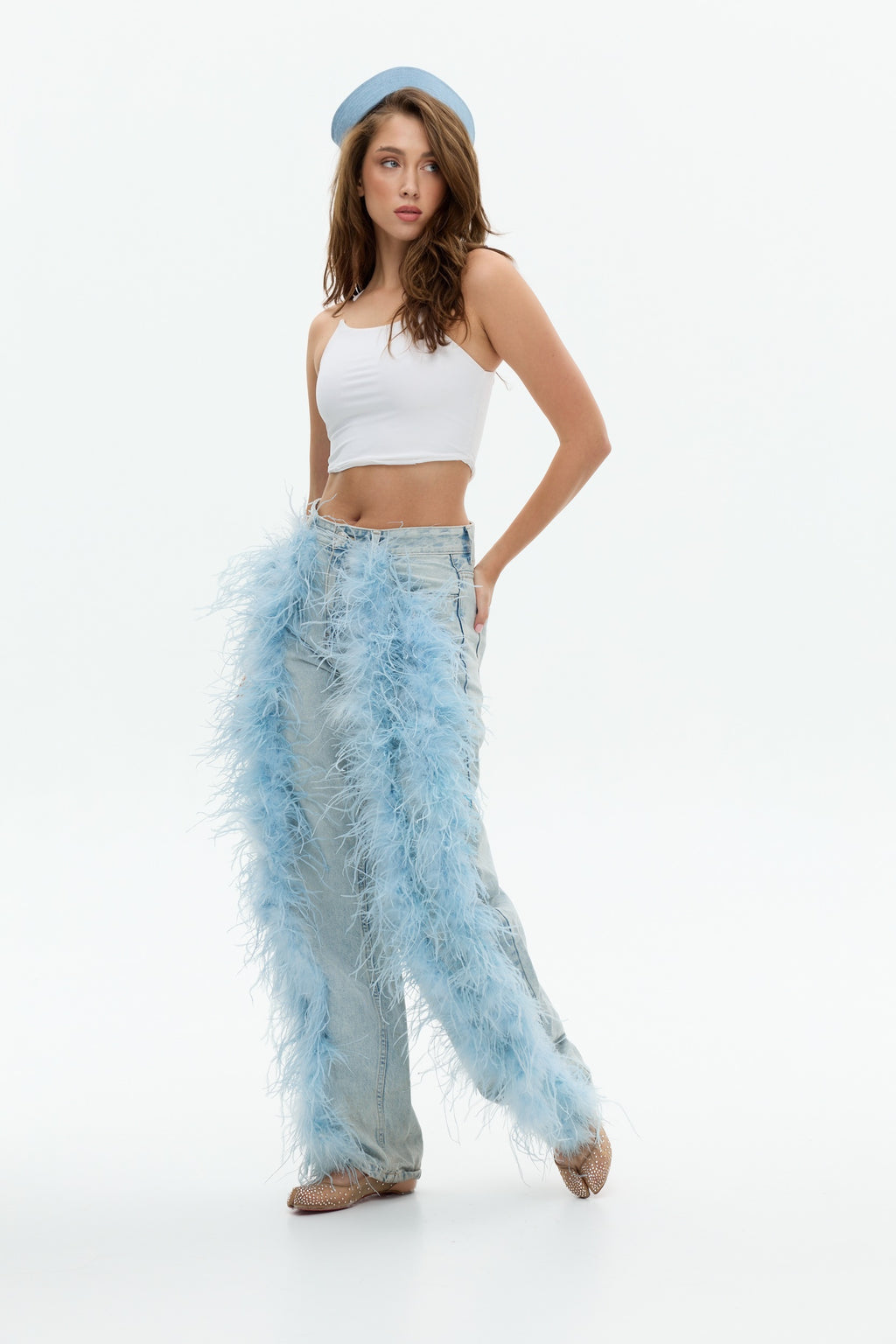 Feather-Trim Denim Jeans